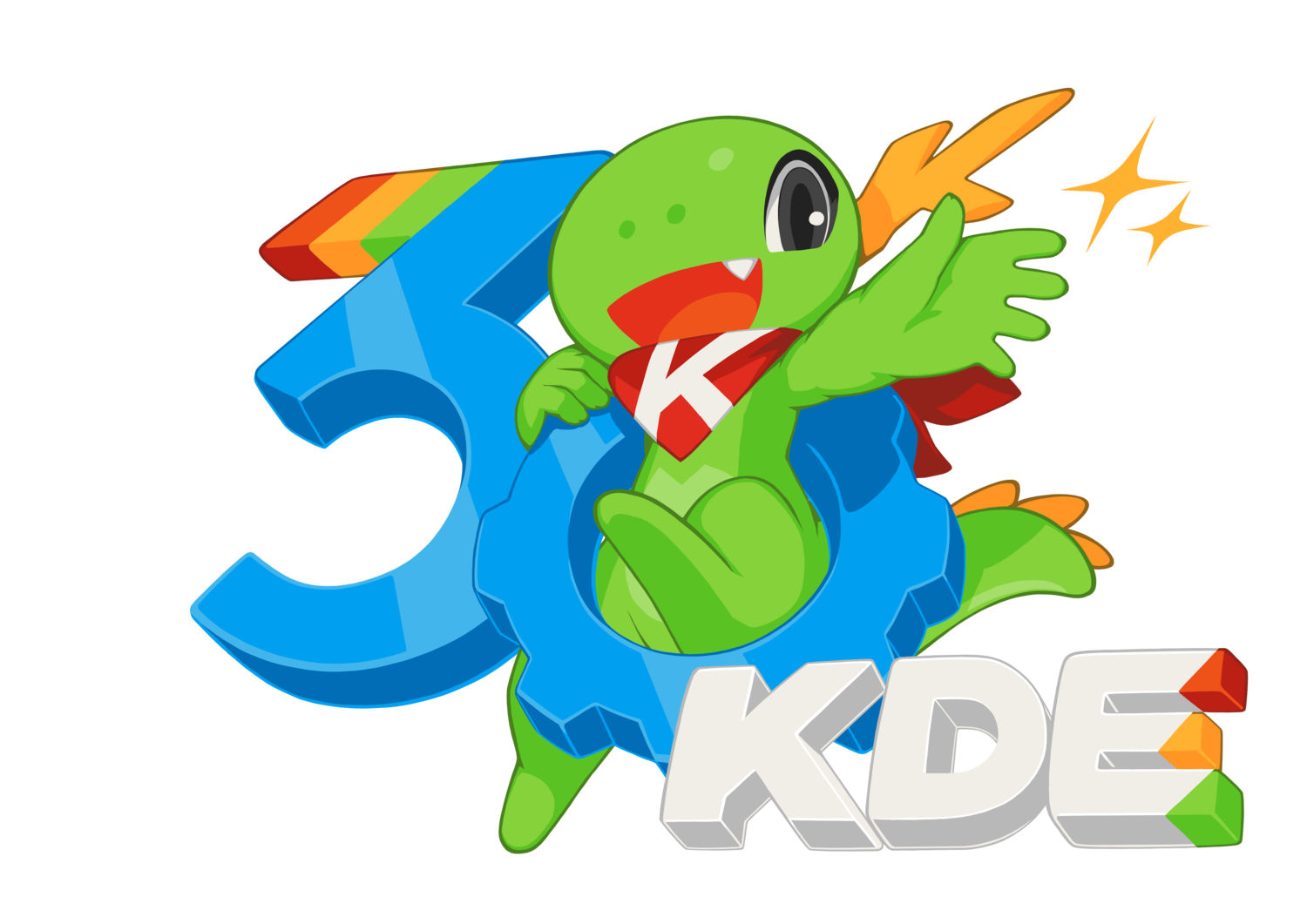Arte oficial dos 30 anos do KDE, com o mascote Konqi